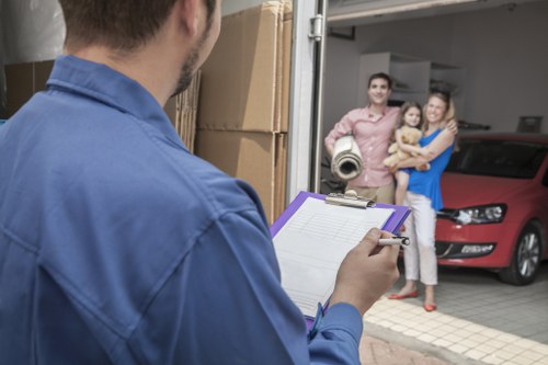 Office equipment and desks prepared for transport in South London